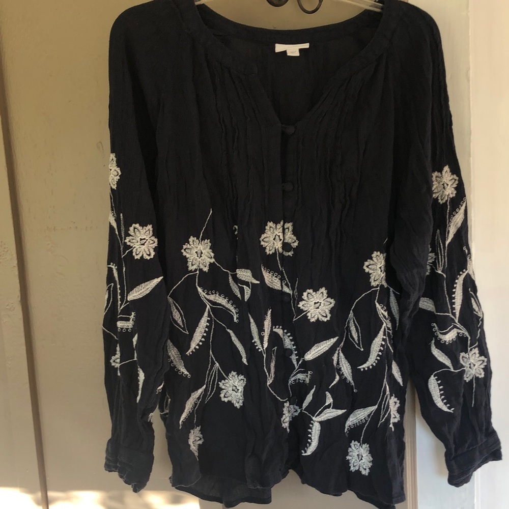 J. Jill Navy Blue Gauzy Blouse Button Down Top Floral Embroidery Size L